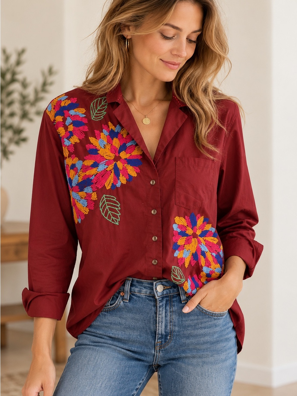 Maeve by Anthropologie Embroidered Floral Button-Down Shirt – Size 8